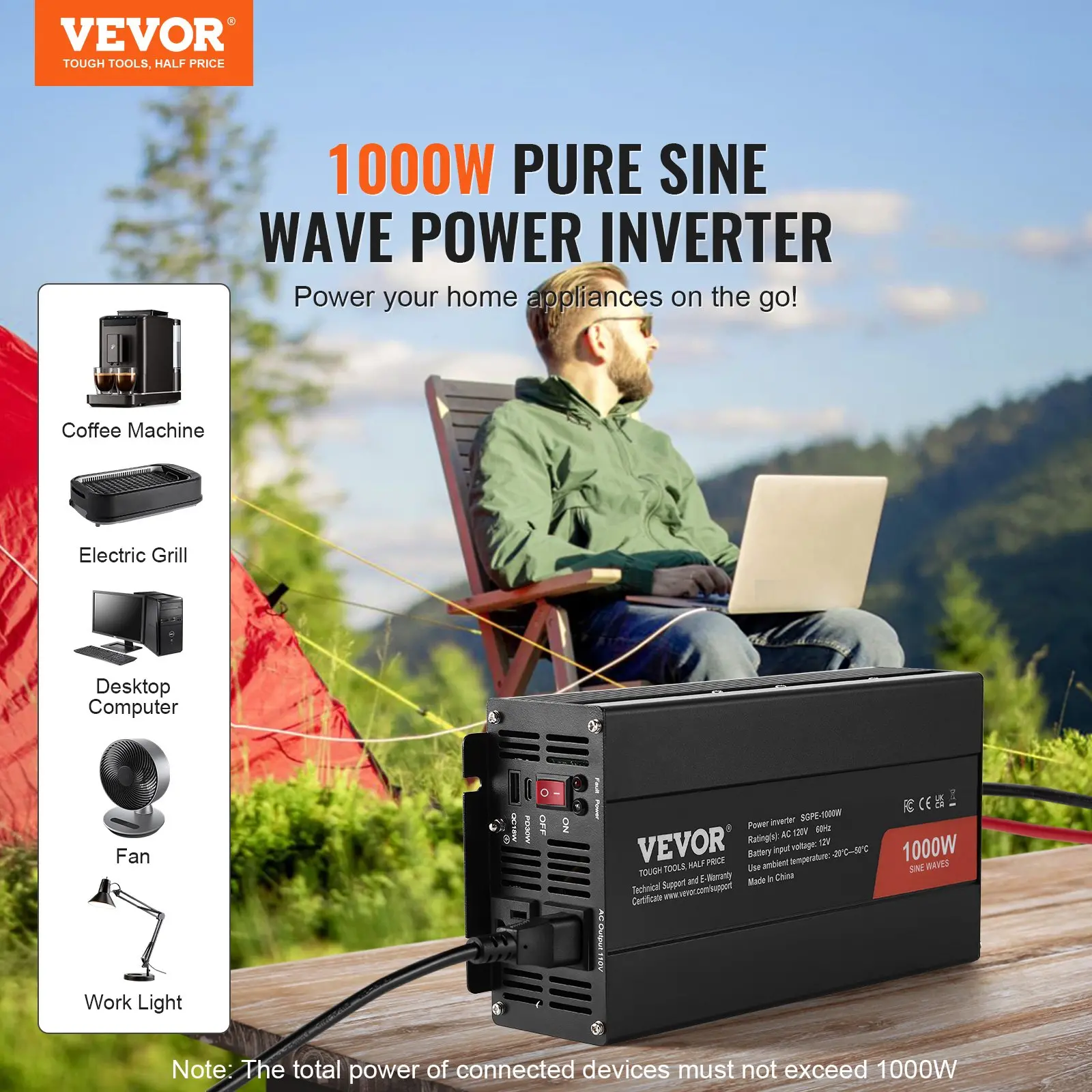 VEVOR Pure Sine Wave Inverter, 1000 Watt, DC 12V to AC 120V Power Inverter with 2 AC Outlets 2 USB Port 1 Type-C Port, Remote Control for Small Home Devices like Smartphone Laptop, CE FCC Certified