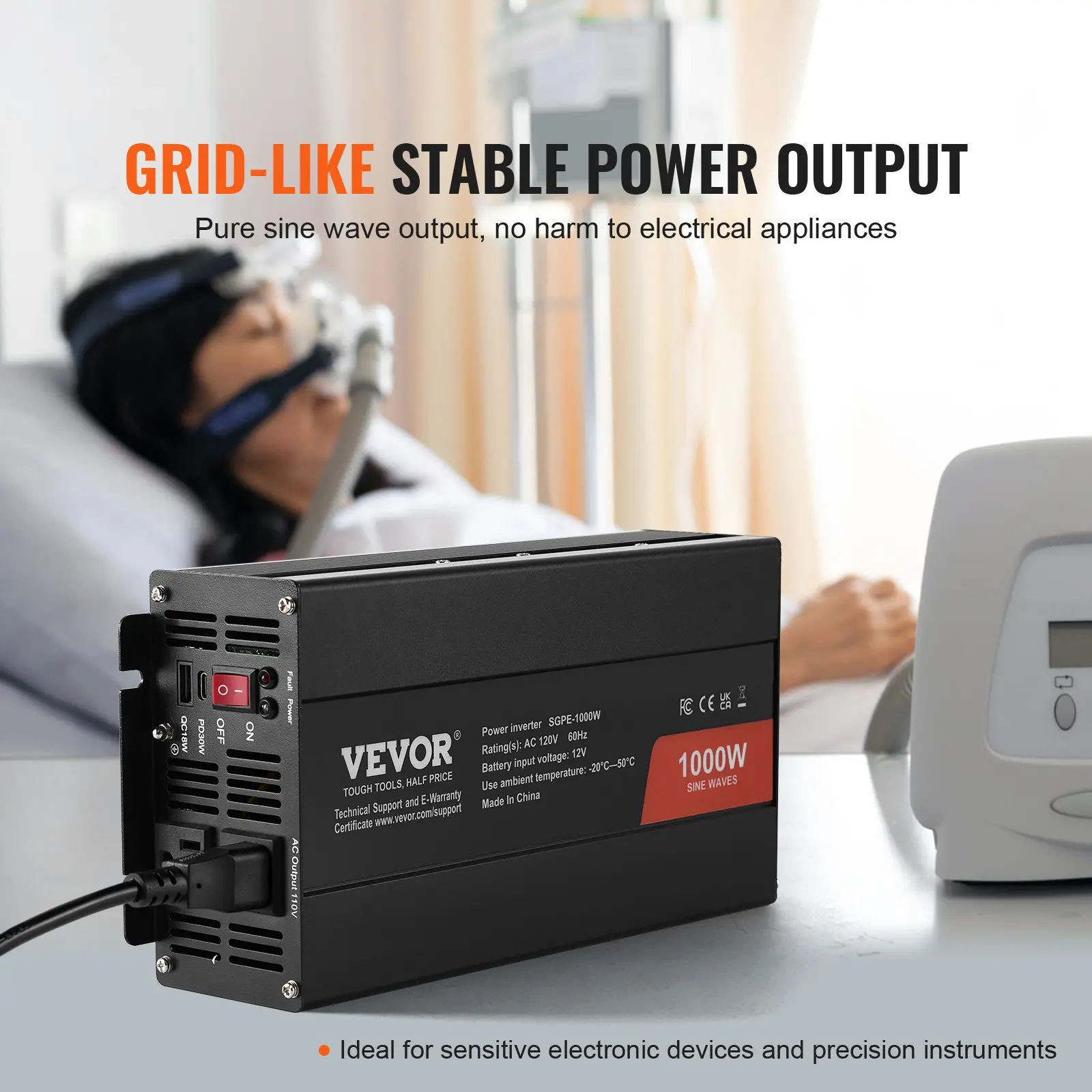 VEVOR Pure Sine Wave Inverter, 1000 Watt, DC 12V to AC 120V Power Inverter with 2 AC Outlets 2 USB Port 1 Type-C Port, Remote Control for Small Home Devices like Smartphone Laptop, CE FCC Certified - Image 2