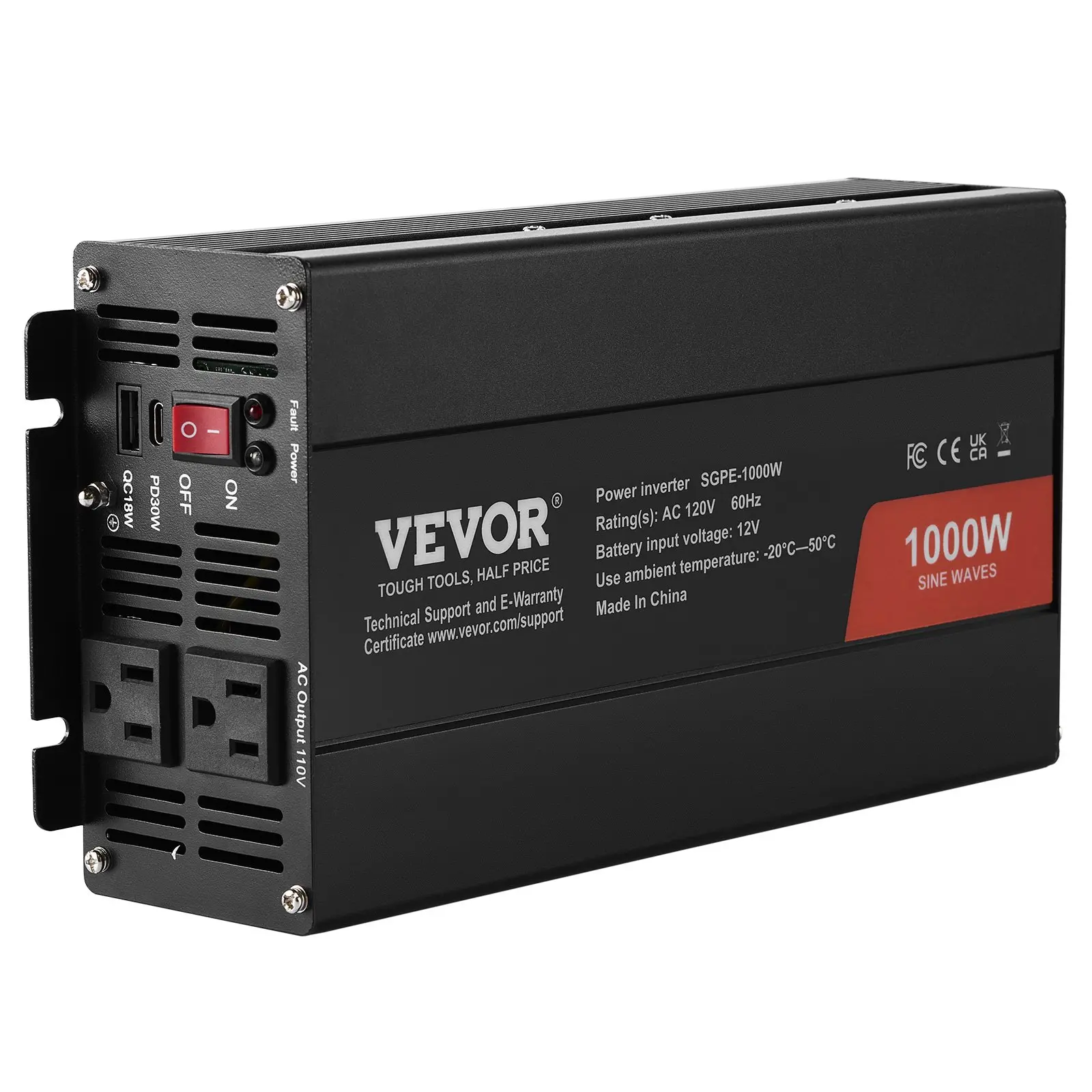 VEVOR Pure Sine Wave Inverter, 1000 Watt, DC 12V to AC 120V Power Inverter with 2 AC Outlets 2 USB Port 1 Type-C Port, Remote Control for Small Home Devices like Smartphone Laptop, CE FCC Certified - Image 10