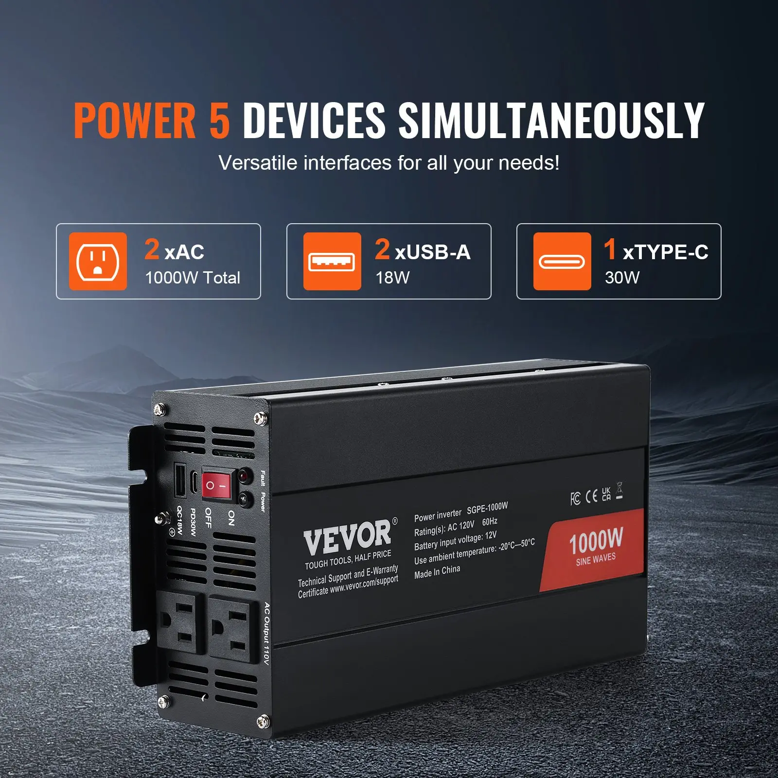 VEVOR Pure Sine Wave Inverter, 1000 Watt, DC 12V to AC 120V Power Inverter with 2 AC Outlets 2 USB Port 1 Type-C Port, Remote Control for Small Home Devices like Smartphone Laptop, CE FCC Certified - Image 13