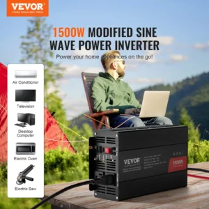 VEVOR Modified Sine Wave Inverter, 1500W, DC 12V to AC 120V Power Inverter with 2 AC Outlets 2 USB Port 1 Type-C Port 6 Spare Fuses, for Small Home Devices like Smartphone Laptop, CE FCC Certified