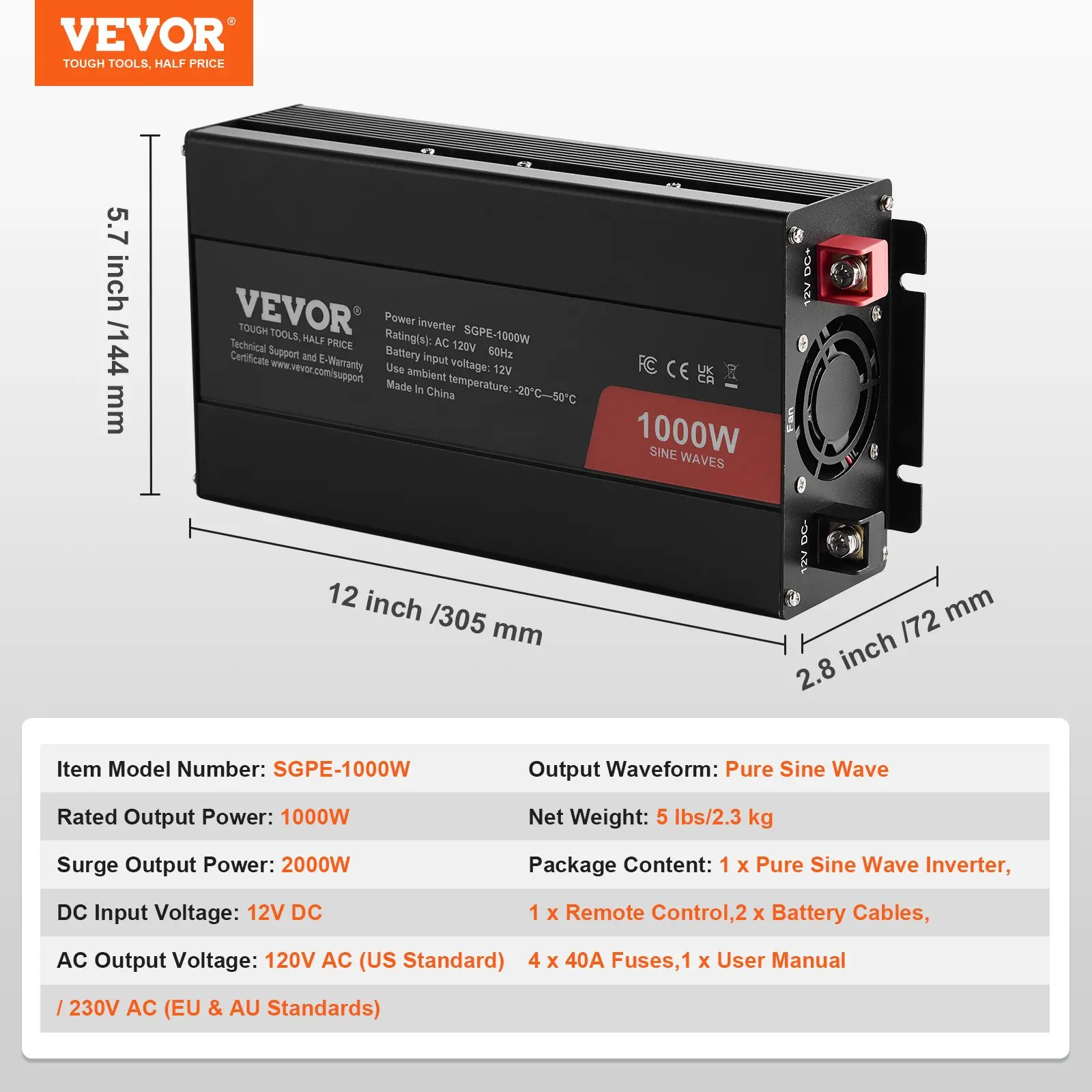 VEVOR Pure Sine Wave Inverter, 1000 Watt, DC 12V to AC 120V Power Inverter with 2 AC Outlets 2 USB Port 1 Type-C Port, Remote Control for Small Home Devices like Smartphone Laptop, CE FCC Certified - Image 26