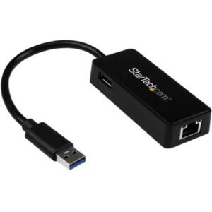 StarTech.com USB 3.0 to Gigabit Ethernet Adapter NIC w/ USB Port - Black - Add a Gigabit Ethernet port and a USB 3.0 pass-through port to your laptop through a single USB 3.0 port - USB 3.0 to Gigabit Ethernet Adapter with USB Port (Black) - An ideal lapt